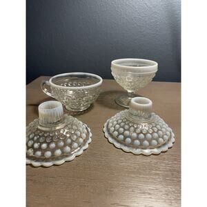 Vintage Hobnail Moonstone Glass Lot – Candle Holders, Dish & Cup